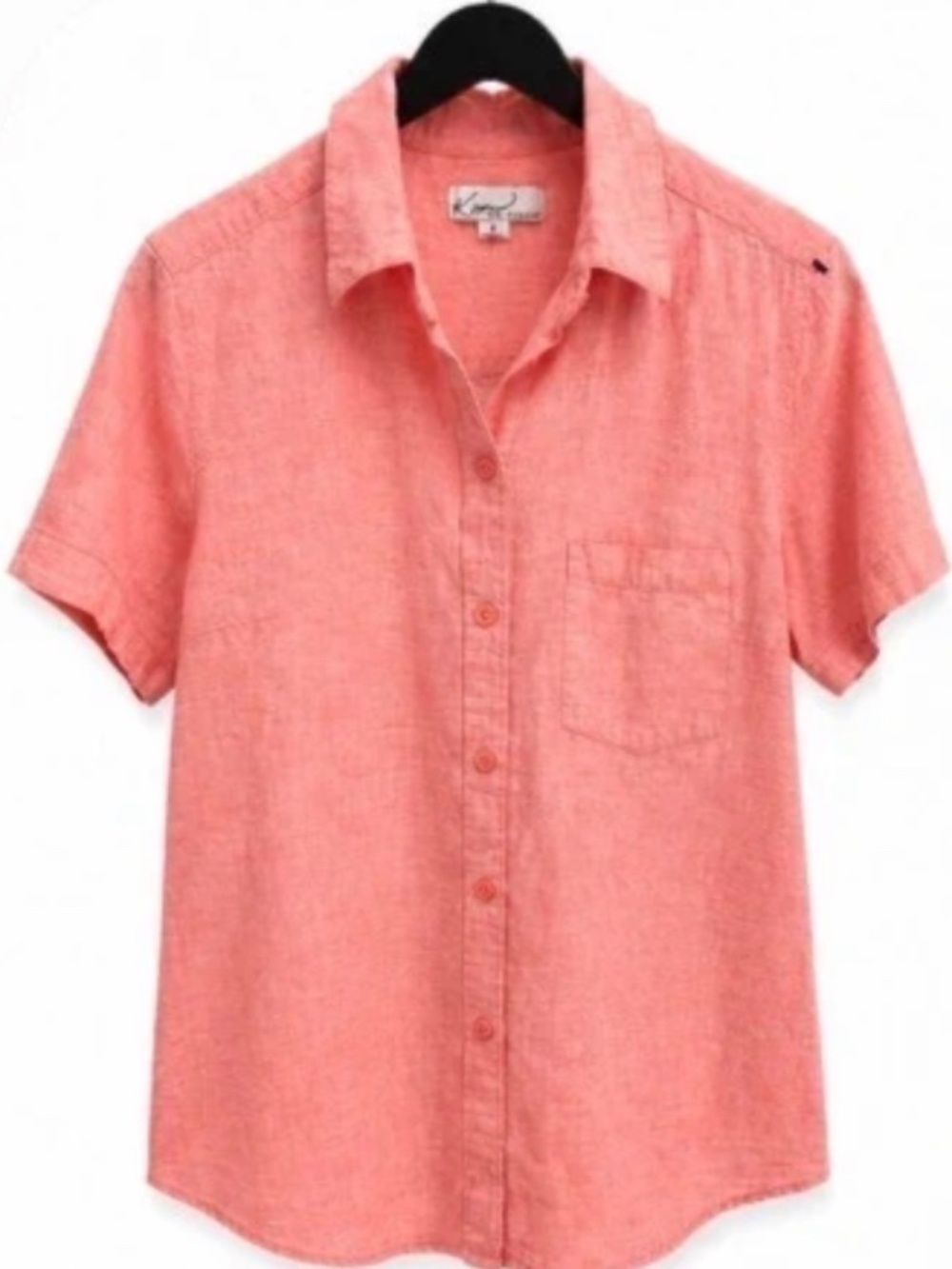 Kim Rogers Linen Blend Button Front Shirt | Small | Coral Pink Short Sleeve